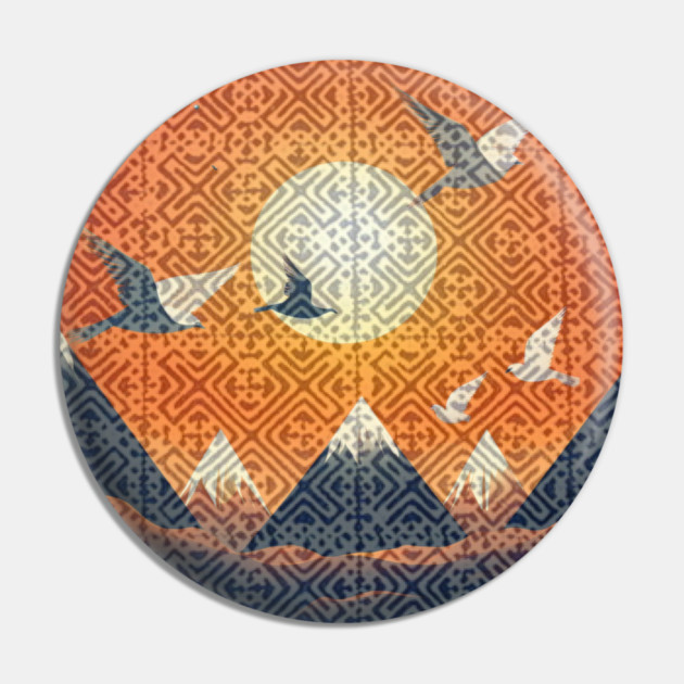 Hmong Soul, Mountain Spirit – Indigo Tribal Pattern with Sunset Sky and Mountains Pin by Pimcolle