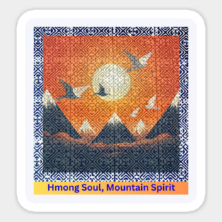 Hmong Soul, Mountain Spirit – Indigo Tribal Pattern with Sunset Sky and Mountains Sticker