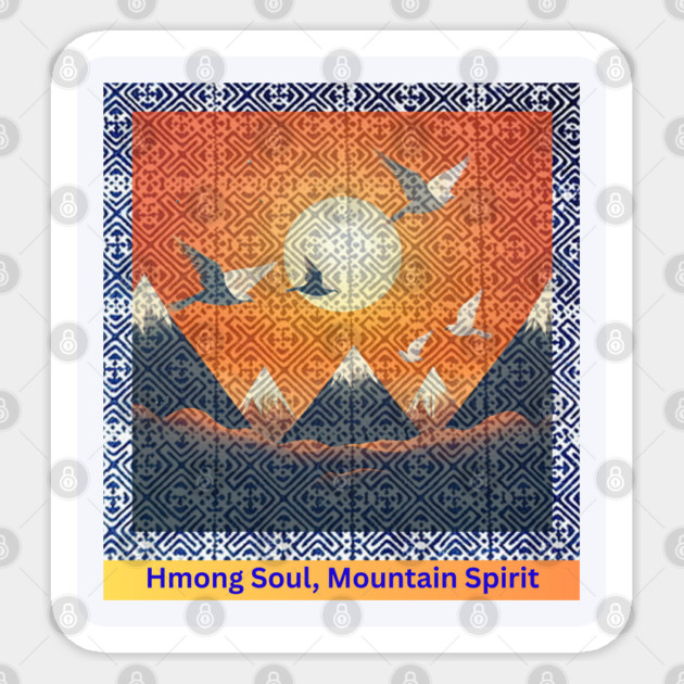 Hmong Soul, Mountain Spirit – Indigo Tribal Pattern with Sunset Sky and Mountains Sticker by Pimcolle