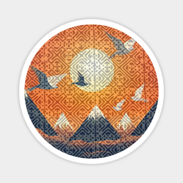 Hmong Soul, Mountain Spirit – Indigo Tribal Pattern with Sunset Sky and Mountains Magnet by Pimcolle