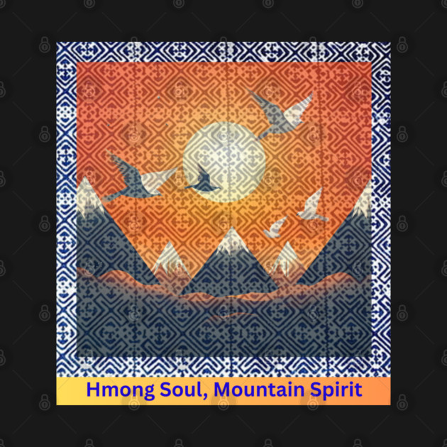 Hmong Soul, Mountain Spirit – Indigo Tribal Pattern with Sunset Sky and Mountains by Pimcolle