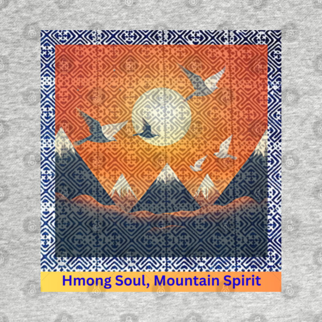 Hmong Soul, Mountain Spirit – Indigo Tribal Pattern with Sunset Sky and Mountains by Pimcolle
