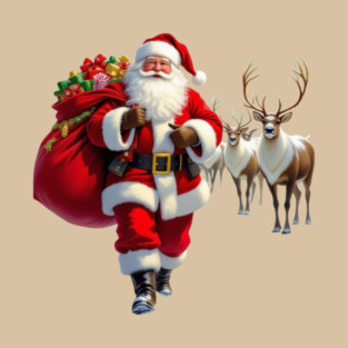 Santa Claus with Reindeer – Festive Christmas Scene T-Shirt