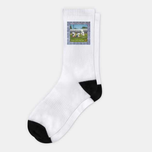 Pitch, Catch and Wag – Dogs Playing Baseball with Indigo Hmong Tribal Pattern Socks by Pimcolle