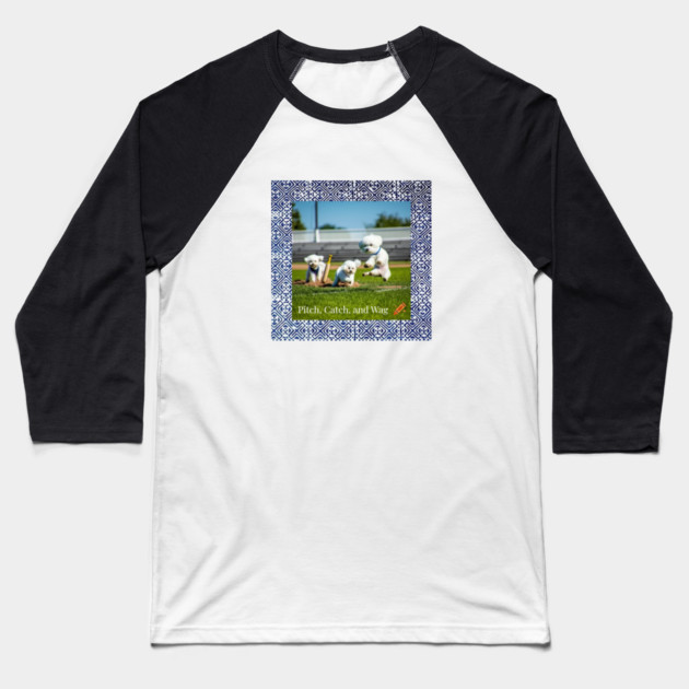 Pitch, Catch and Wag – Dogs Playing Baseball with Indigo Hmong Tribal Pattern Baseball T-Shirt by Pimcolle
