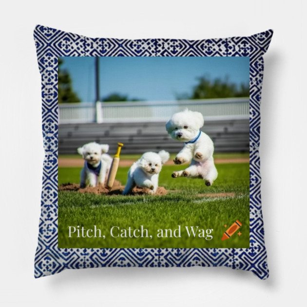 Pitch, Catch and Wag – Dogs Playing Baseball with Indigo Hmong Tribal Pattern Pillow by Pimcolle