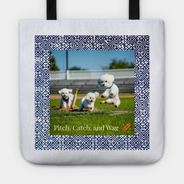 Pitch, Catch and Wag – Dogs Playing Baseball with Indigo Hmong Tribal Pattern Tote by Pimcolle