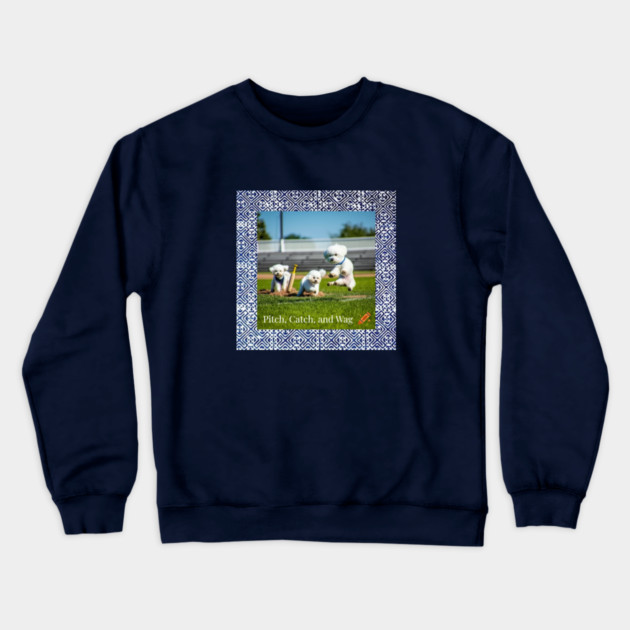 Pitch, Catch and Wag – Dogs Playing Baseball with Indigo Hmong Tribal Pattern Crewneck Sweatshirt by Pimcolle