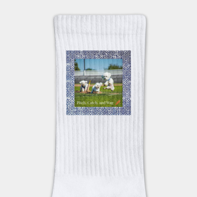 Pitch, Catch and Wag – Dogs Playing Baseball with Indigo Hmong Tribal Pattern by Pimcolle