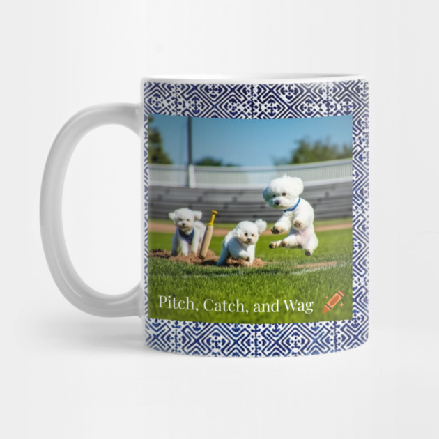 Pitch, Catch and Wag – Dogs Playing Baseball with Indigo Hmong Tribal Pattern by Pimcolle