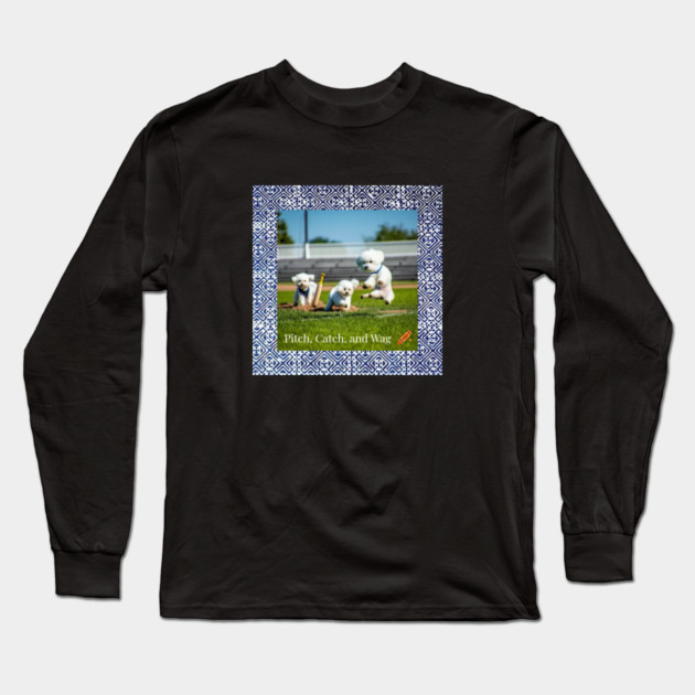 Pitch, Catch and Wag – Dogs Playing Baseball with Indigo Hmong Tribal Pattern Long Sleeve T-Shirt by Pimcolle