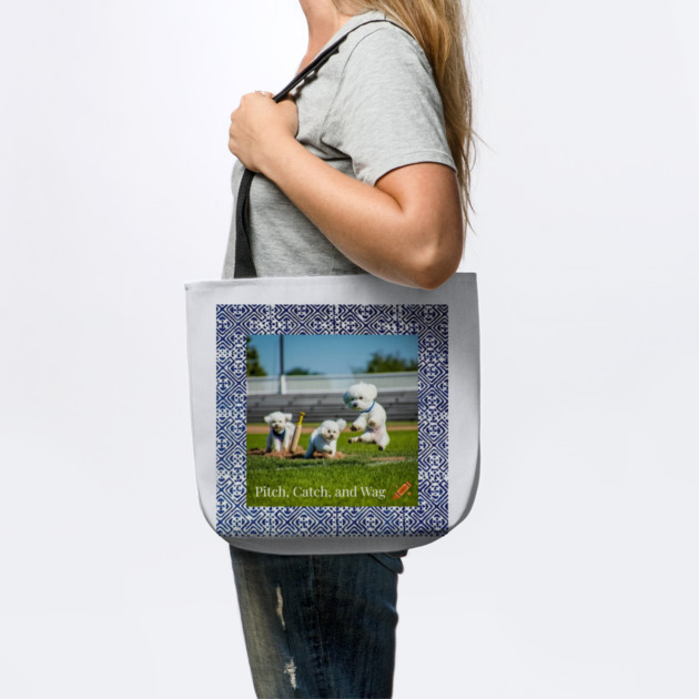 Pitch, Catch and Wag – Dogs Playing Baseball with Indigo Hmong Tribal Pattern by Pimcolle