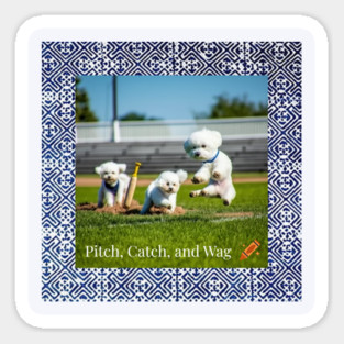 Pitch, Catch and Wag – Dogs Playing Baseball with Indigo Hmong Tribal Pattern Sticker