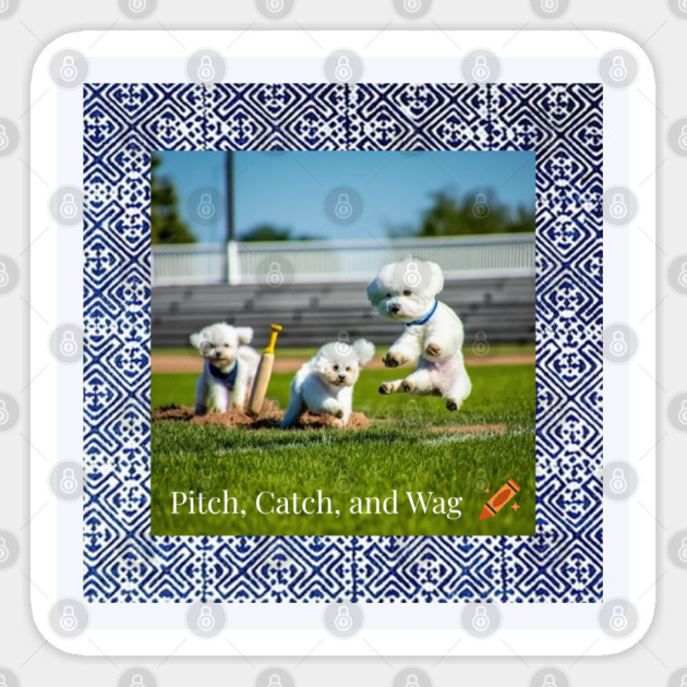 Pitch, Catch and Wag – Dogs Playing Baseball with Indigo Hmong Tribal Pattern Sticker by Pimcolle