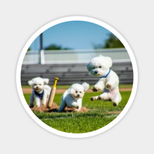 Pitch, Catch and Wag – Dogs Playing Baseball with Indigo Hmong Tribal Pattern Magnet