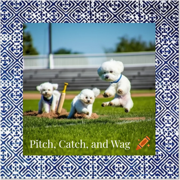 Pitch, Catch and Wag – Dogs Playing Baseball with Indigo Hmong Tribal Pattern Wall Art by Pimcolle