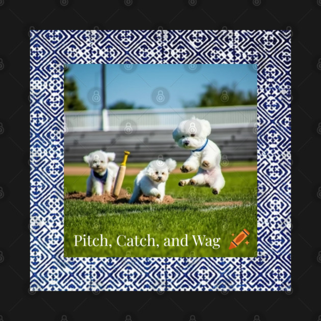 Pitch, Catch and Wag – Dogs Playing Baseball with Indigo Hmong Tribal Pattern by Pimcolle