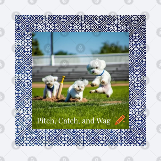 Pitch, Catch and Wag – Dogs Playing Baseball with Indigo Hmong Tribal Pattern by Pimcolle