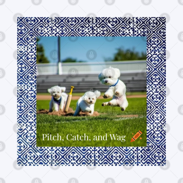 Pitch, Catch and Wag – Dogs Playing Baseball with Indigo Hmong Tribal Pattern by Pimcolle
