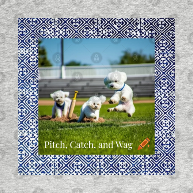 Pitch, Catch and Wag – Dogs Playing Baseball with Indigo Hmong Tribal Pattern by Pimcolle