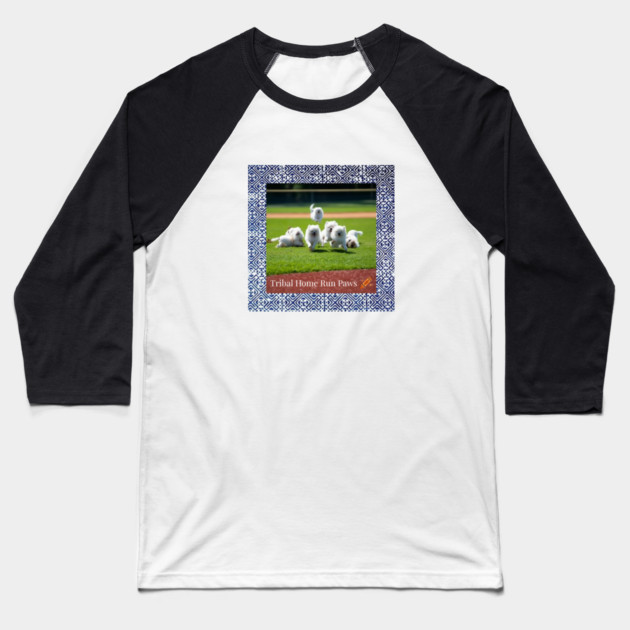 Tribal Home Run Paws – Dogs Playing Baseball with Indigo Hmong Tribal Pattern Baseball T-Shirt by Pimcolle