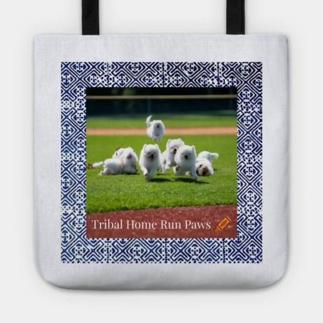 Tribal Home Run Paws – Dogs Playing Baseball with Indigo Hmong Tribal Pattern Tote by Pimcolle