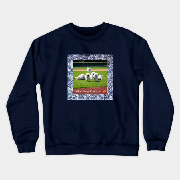 Tribal Home Run Paws – Dogs Playing Baseball with Indigo Hmong Tribal Pattern Crewneck Sweatshirt by Pimcolle