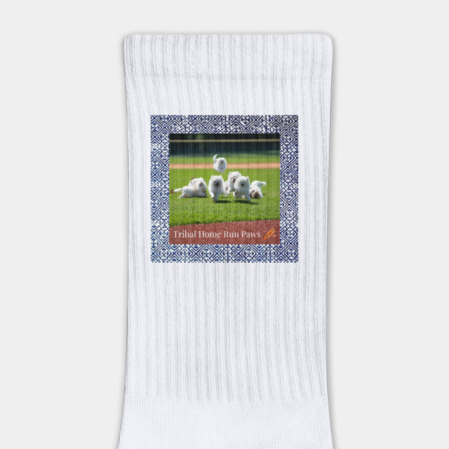 Tribal Home Run Paws – Dogs Playing Baseball with Indigo Hmong Tribal Pattern by Pimcolle