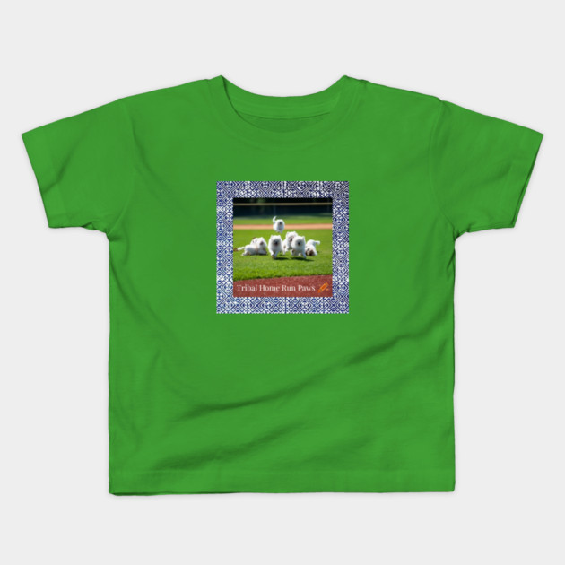 Tribal Home Run Paws – Dogs Playing Baseball with Indigo Hmong Tribal Pattern Kids T-Shirt by Pimcolle
