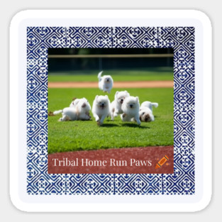 Tribal Home Run Paws – Dogs Playing Baseball with Indigo Hmong Tribal Pattern Sticker