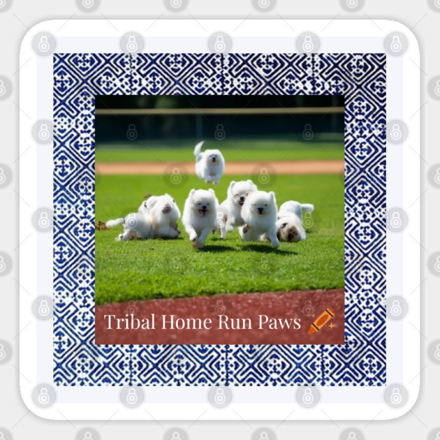 Tribal Home Run Paws – Dogs Playing Baseball with Indigo Hmong Tribal Pattern Sticker by Pimcolle