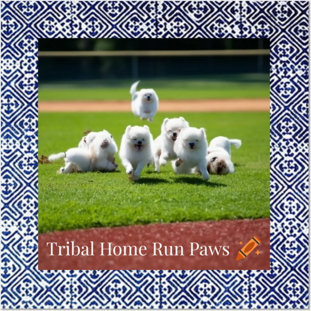 Tribal Home Run Paws – Dogs Playing Baseball with Indigo Hmong Tribal Pattern Wall Art by Pimcolle