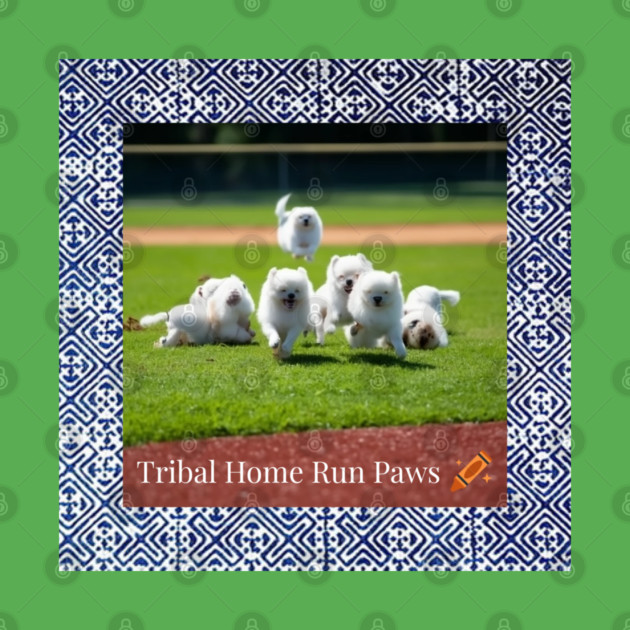 Tribal Home Run Paws – Dogs Playing Baseball with Indigo Hmong Tribal Pattern by Pimcolle