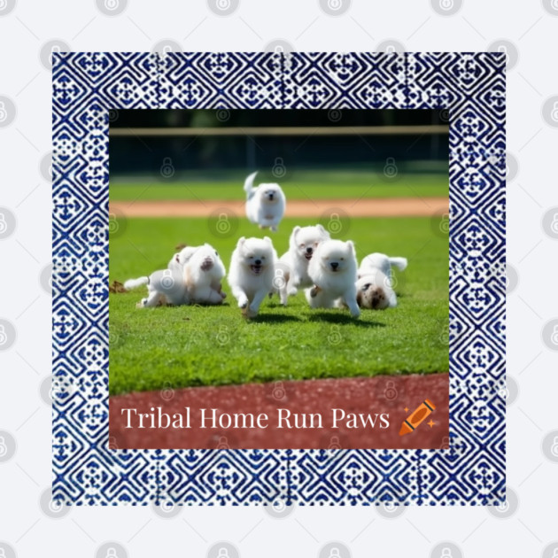 Tribal Home Run Paws – Dogs Playing Baseball with Indigo Hmong Tribal Pattern by Pimcolle