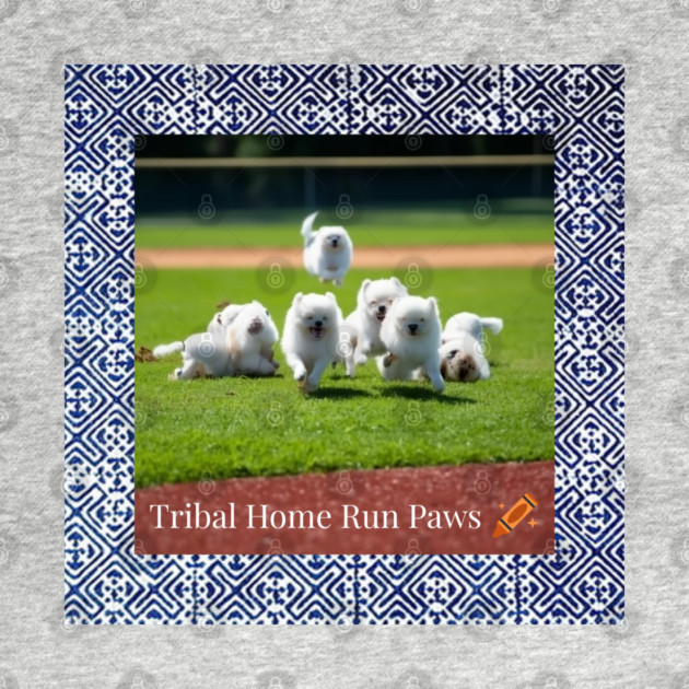Tribal Home Run Paws – Dogs Playing Baseball with Indigo Hmong Tribal Pattern by Pimcolle