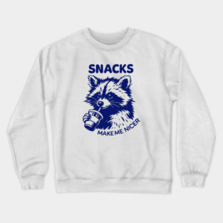 Funny Raccoon Snacks Make Me Nicer, Cute Animal Foodie, Retro Vintage Snack Lover, Funny Raccoon Meme Crewneck Sweatshirt