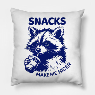 Funny Raccoon Snacks Make Me Nicer, Cute Animal Foodie, Retro Vintage Snack Lover, Funny Raccoon Meme Pillow
