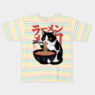 Funny Ramen Cat Eating Noodles Style 02 Kids T-Shirt