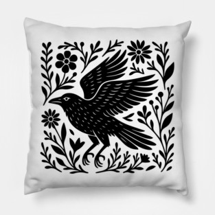 Folklore Forest Crow Lino, Folk Art Linocut Crow, Vintage Forestcore, Cottagecore Aesthetic, Goblincore Witch Pillow