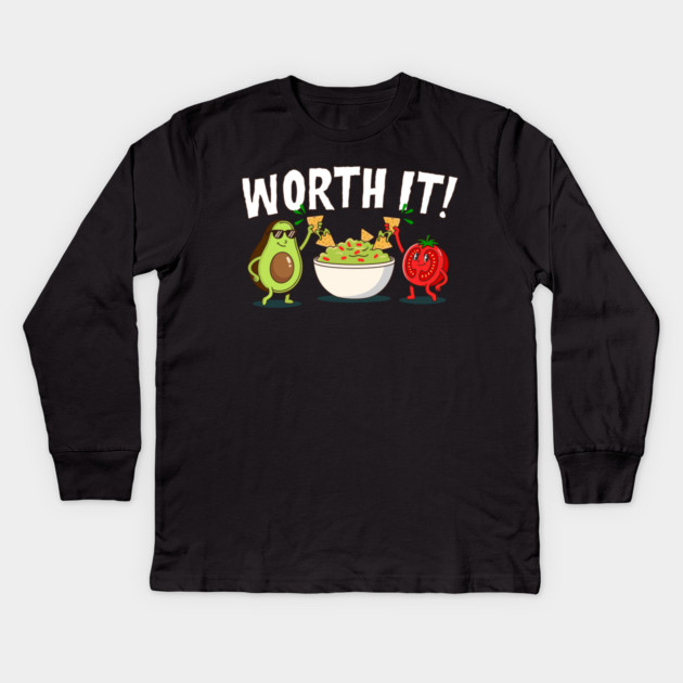 Worth It Funny Guacamole Avocado Tomato Chips Kids Long Sleeve T-Shirt by belownormal