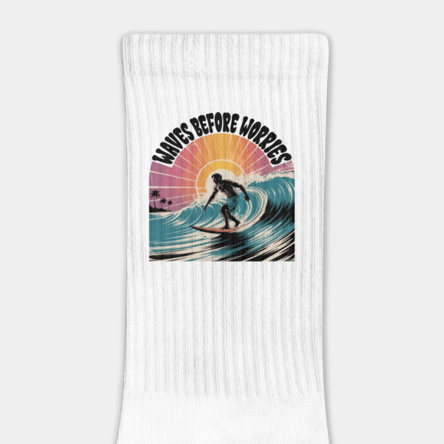 Waves Before Worries Design – Retro Surf Sunset Graphic Tee by ism's Store