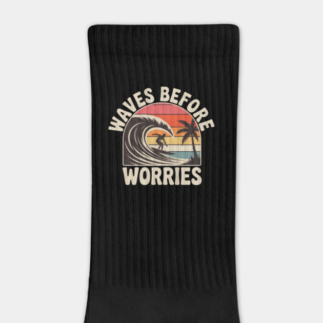 Waves Before Worries Design – Retro Surf Sunset Graphic Tee by ism's Store