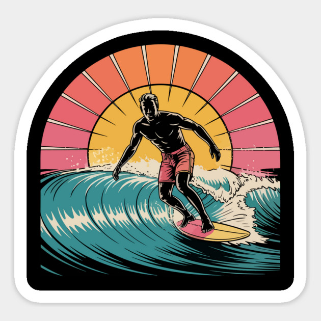 Retro Surfer Ocean Wave Vintage Sunset Beach Sticker by ism's Store