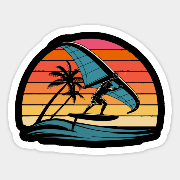 Wing Foiling Retro Sunset Design Surf Foil Ocean Rider Tee Sticker by ism's Store