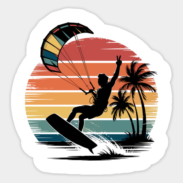 Kitesurfing Design Retro Sunset Surf Silhouette Vintage Tee Sticker by ism's Store