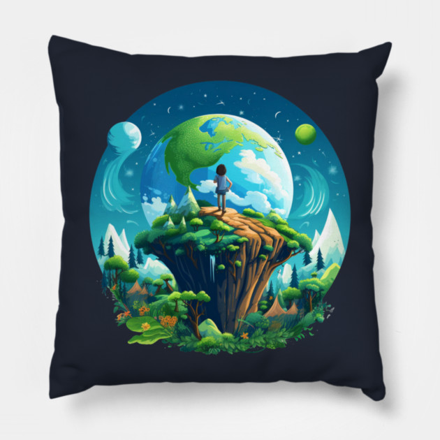 Earth Explorer  – Child and Planet Nature Art Pillow by Kathy Hawke