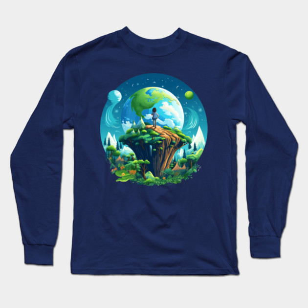 Earth Explorer  – Child and Planet Nature Art Long Sleeve T-Shirt by Kathy Hawke