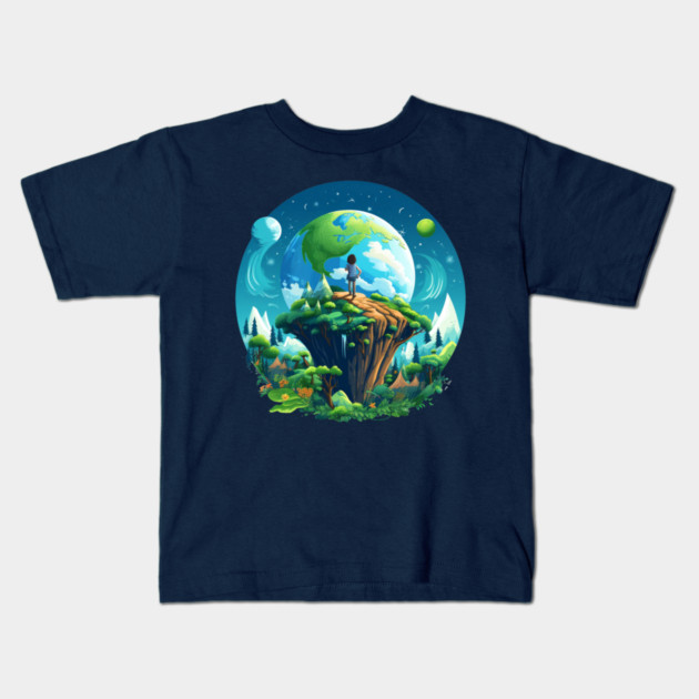 Earth Explorer  – Child and Planet Nature Art Kids T-Shirt by Kathy Hawke