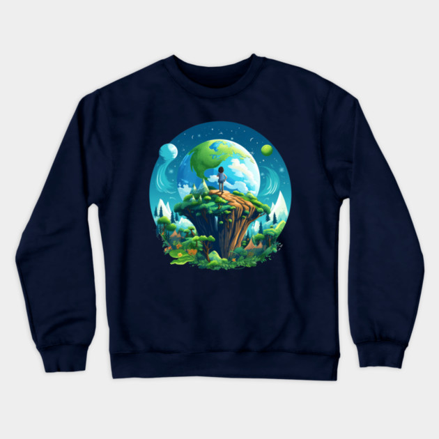 Earth Explorer  – Child and Planet Nature Art Crewneck Sweatshirt by Kathy Hawke