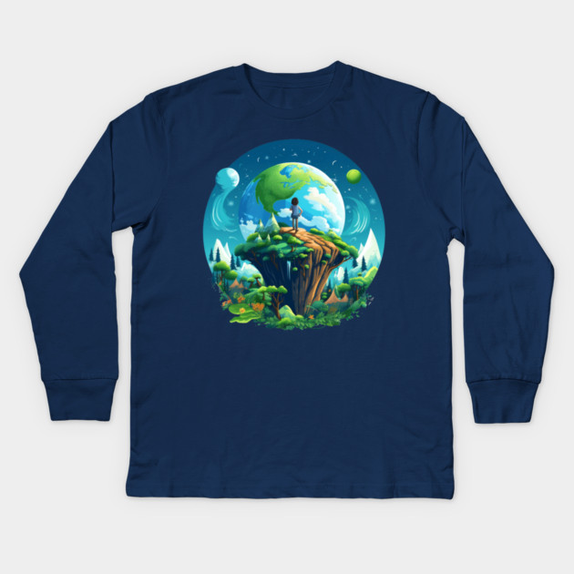 Earth Explorer  – Child and Planet Nature Art Kids Long Sleeve T-Shirt by Kathy Hawke